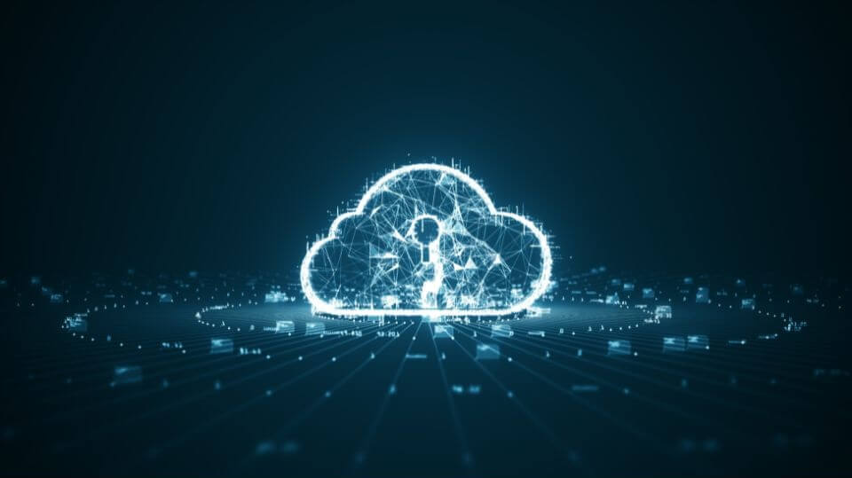 Abstrakcyjna grafika przedstawia ikonę chmury obliczeniowej na ciemnoniebieskim tle – ta technologia bardzo zmieniła sprzedaż B2B