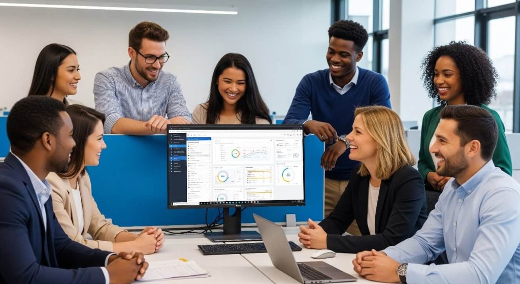 grupa pracowników branży finansowej ogląda dashboard systemu CRM wdrożonego przez najlepszego partnera Salesforce w Polsce