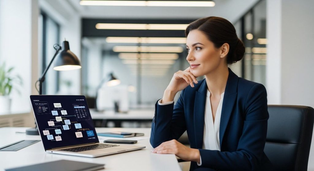 kobieta patrzy na kalendarz na ekranie laptopa, zastanawia się m.in. nad takim zagadnieniem jak Salesforce integracja w branży finansowej