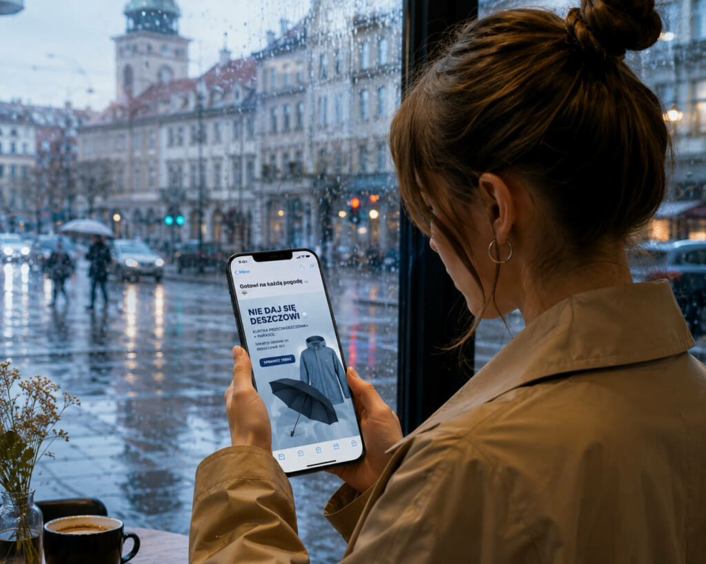 Kobieta w kawiarni przy deszczowej szybie sprawdza w telefonie e-mail z dynamicznie dopasowaną ofertą kurtek przeciwdeszczowych.